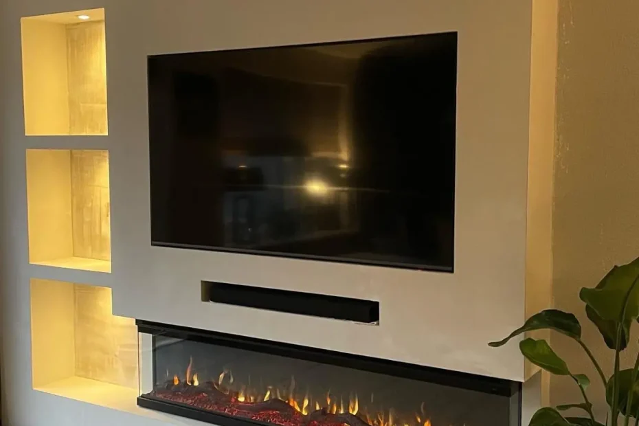 Cinewall met elektrische sfeerhaard, ingebouwde tv en verlichte nissen